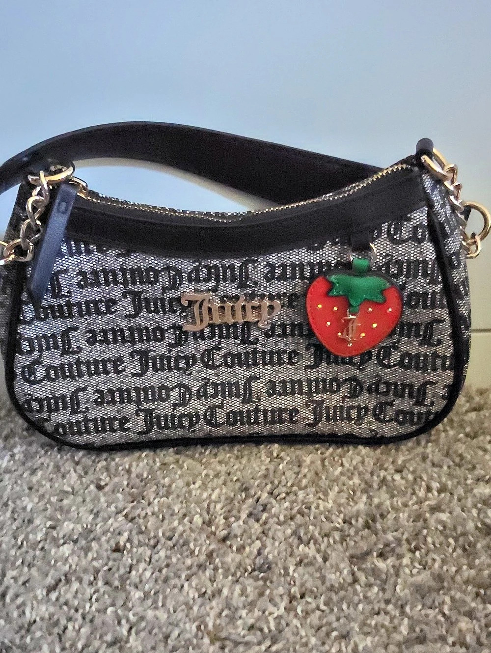 Juicy Couture Monogram Strawberry Charm Shoulder Bag Black & Gray